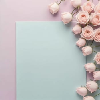 Soft pastel roses elegantly frame a blank card space against a light pink background, inviting personal notes or artistic expressions in a tranquil setting.