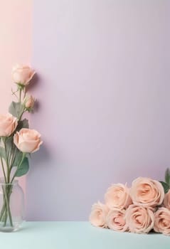 Delicate pastel roses stand gracefully in a glass vase, surrounded by a calming blush and lavender backdrop, inviting creativity and heartfelt notes.