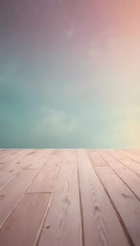 A smooth wooden floor stretches towards a vast pastel sky, combining soft colors of blue and peach.