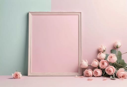 Delicate roses rest beside a blank picture frame, all set against a soft pastel background. This serene arrangement invites creativity, perfect for personal notes or memorable art.