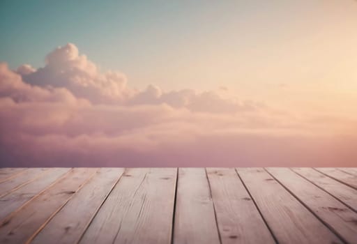 A tranquil wooden surface stretches across the foreground, illuminated by a pastel background of clouds bathed in soft sunset hues. The atmosphere exudes calm and warmth.
