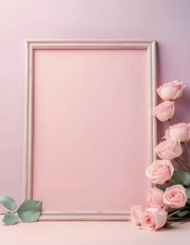 Soft rose pastel backdrop complements a blank card space, perfect for personalized notes or artistic creations. Fresh roses add a touch of elegance, enhancing the ambiance.
