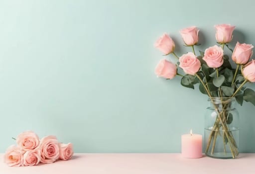 A charming arrangement of soft pink roses stands elegantly in a glass vase against a pastel backdrop, complemented by a lit candle, ideal for warm moments and celebrations.