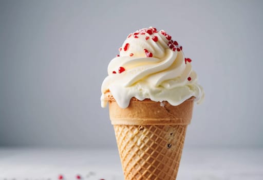 Savoring a delightful ice cream cornet filled with creamy vanilla, adorned with fluffy whipped cream and colorful sprinkles, perfect for a warm day.