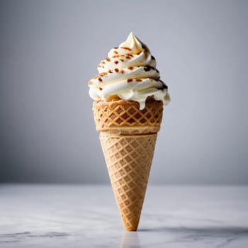 A delicious ice cream cornet stands proudly with a creamy swirl topped by a rich drizzle. Sunlight filters through, illuminating its delectable details in a welcoming cafe.