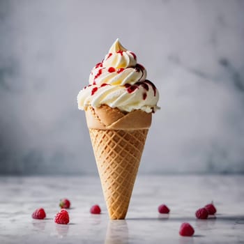 A beautifully crafted ice cream cornet stands tall, featuring soft, creamy ice cream crowned with rich raspberry sauce.