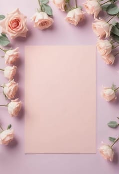 Soft pastel background sets the stage as fragrant rose blooms frame a blank card, inspiring heartfelt notes, invitations, or creative art ideas for cherished occasions.