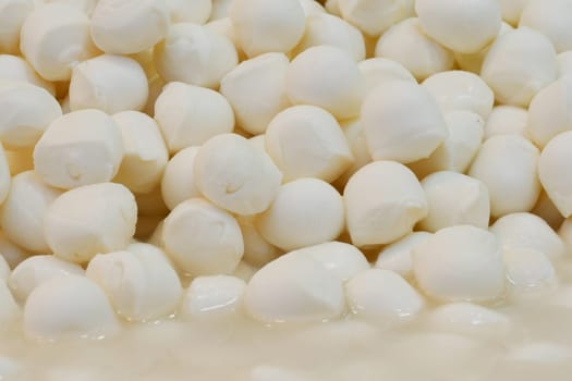 Plump mozzarella balls are arranged neatly in a market stall.