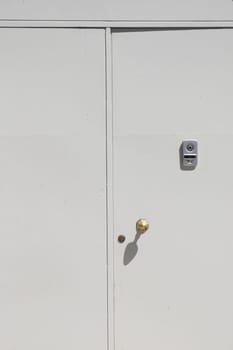 A close-up view of a white door showing a brass doorknob and lock.
