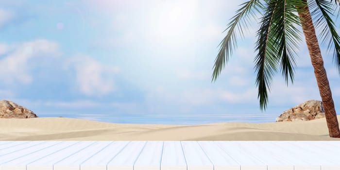 An idyllic beach scene featuring palm trees, rocks, and a wooden deck, perfect for summer aesthetics.