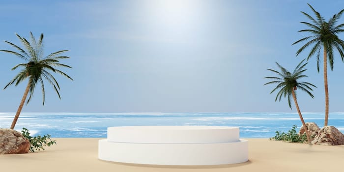 A bright and inviting beach display with a circular design, surrounded by palm trees, ideal for summer events and presentations.