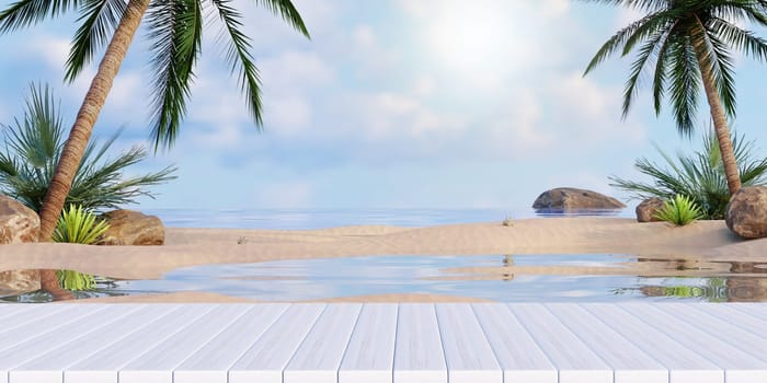 A picturesque beach scene with reflections in water, palm trees, and bright daylight, perfect for summer vibes.