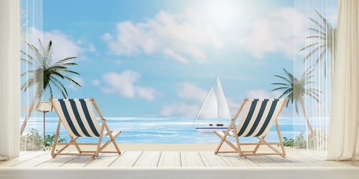 A charming view featuring inviting beach chairs, palm trees, and an ocean horizon, ideal for summer graphics.
