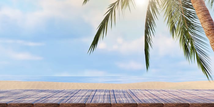 A vibrant tropical beach scene featuring palm trees and a wooden deck, ideal for summer-themed designs and presentations.
