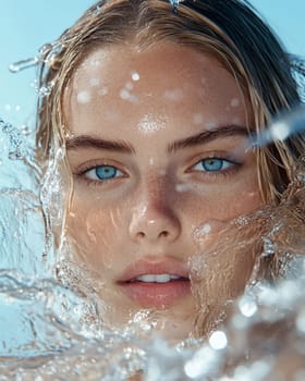 Beauty skincare portrait of stunning blue-eyed woman in crystal-clear water splashes, hydrating skin care moisturiser concept, flawless skin glistening with freshness, embodying purity and radiant beauty
