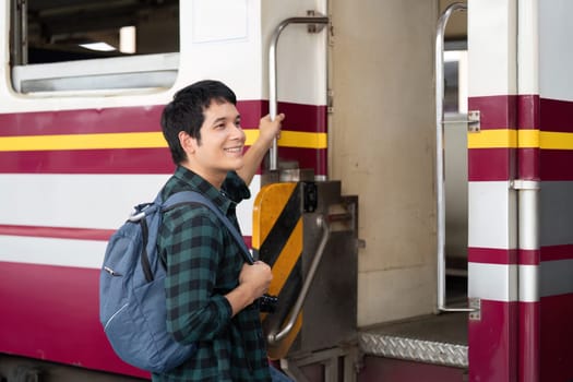 A joyful traveler about to board a train, illustrating the thrill of embarking on a new adventure equipped with a camera and a sense of curiosity.