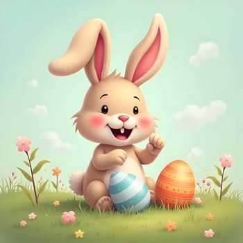 Cute rabbits with the Easter eggs