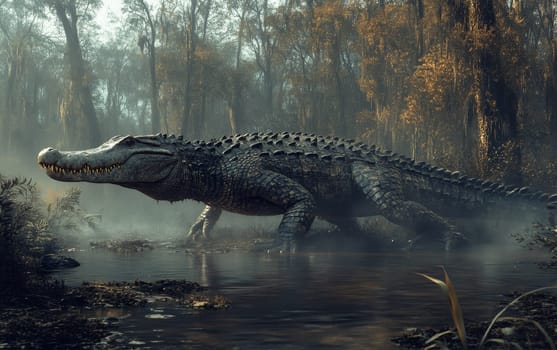 A towering Deinosuchus crocodile stands vigilant in a dense, swampy landscape, its piercing gaze and imposing presence commanding attention as it surveys the treacherous terrain it calls home.