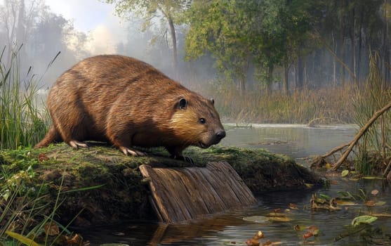 A solitary Castoroides giant beaver rests on a mossy log jutting out from the still waters of a verdant, forested pond.