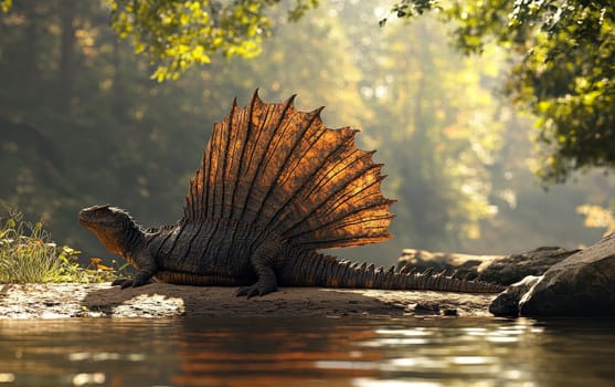 A Dimetrodon reptile emerging from the lush, overgrown vegetation on the edge of a serene lake, its impressive form silhouetted against the dramatic cloudy sky.