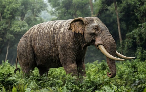 The Deinotherium, a towering prehistoric elephant, traverses the primeval forest landscape, its immense size and distinctive features a reminder of a bygone era.