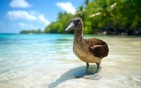 A close-up portrait of a brown pelican standing in shallow crystal clear water on a tropical beach with lush greenery in the background.