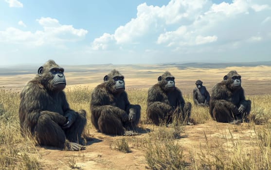 A group of elderly, weathered primate creatures sit together atop a small rise, their wizened expressions conveying a sense of wisdom and authority as they survey the vast, sweeping savanna landscape.