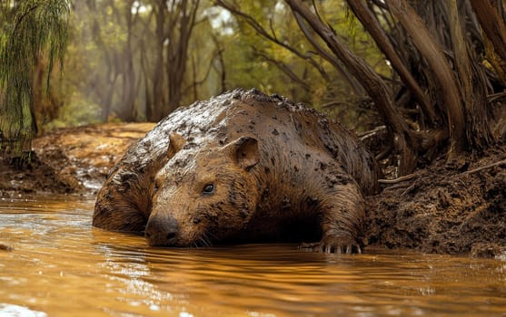 A large, prehistoric marsupial wallows in muddy water within a sunlit woodland, showcasing the behavior and habitat of this ancient Australian megafauna.