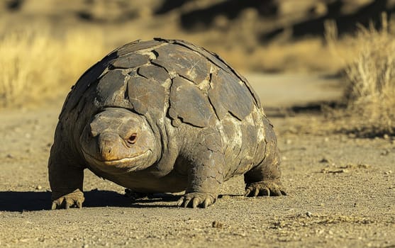 Detailed view of an ancient armored creature with scaly skin and small eye, showcasing its unique physical adaptations in a sun-drenched desert environment.