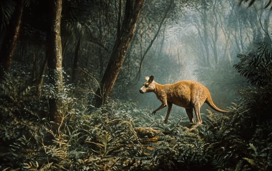 A vigilant marsupial scans its dense, primeval surroundings, its keen eyes and ears alert for any signs of danger or movement.