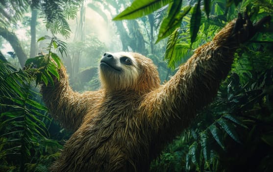 A massive, shaggy-coated giant ground sloth reaches up to grasp the vibrant green foliage of the dense, primeval jungle, its powerful claws securing its grip.