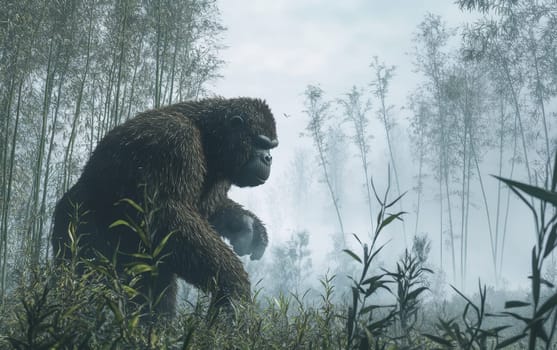 A massive Gigantopithecus carefully navigates the dense, tangled bamboo thicket, its powerful form blending into the misty, verdant surroundings.