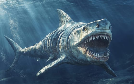 A Helicoprion shark breaches the ocean's surface, its spiral-toothed maw emerging from the churning waves in a dramatic display of this prehistoric creature's power.
