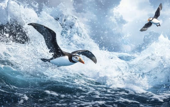 A flock of puffins glide effortlessly through the air, their wings casting dramatic shadows over the rugged, icy Arctic landscape below.