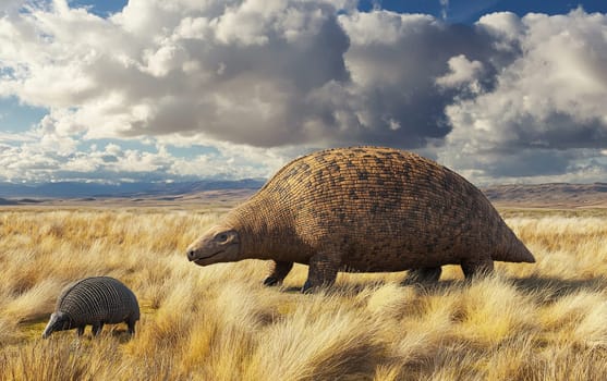 A massive glyptodon slowly navigates the rugged, mountainous terrain, its prehistoric presence commanding the awe-inspiring, dramatic backdrop.