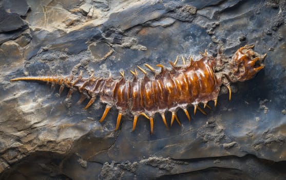 An exceptionally preserved Hallucigenia fossil specimen lies nestled among the rocks, its unique morphology a testament to the diversity of life during the Cambrian explosion.
