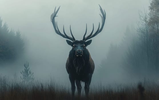 An Irish elk stands majestically on a rocky outcrop, its impressive antlers framing its stoic gaze as it surveys the misty, primeval forest that was once its domain.