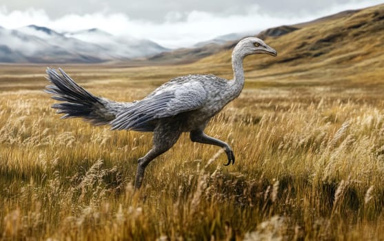 A Kelenken terror bird emerges from the shrouded mists of the primeval grasslands, its massive form and fierce presence commanding attention in the atmospheric, ethereal landscape.