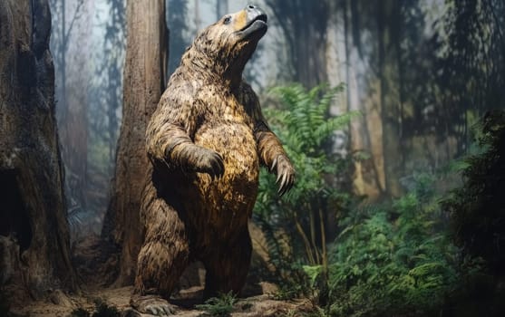 Imposing megatherium stands upright amidst towering trees in a misty prehistoric rainforest, showcasing its impressive stature and ancient habitat.