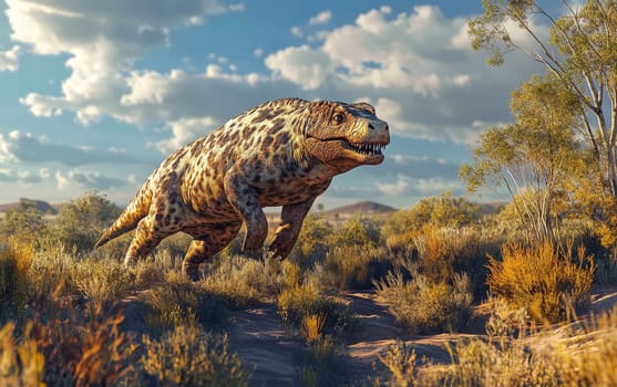 A massive, prehistoric Megalania reptile strides confidently through the sun-scorched, arid landscape, its impressive size and formidable appearance commanding the attention of all who behold it.