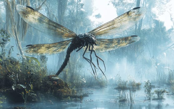A colossal Meganeura dragonfly hovers menacingly over the still, murky waters of the primordial swamplands, its powerful presence commanding the attention of all who witness this primeval.