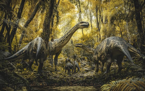 A herd of Muttaburrasaurus dinosaurs stride with purpose and grace through the misty, primordial landscape, their powerful, prehistoric presence instilling a sense of wonder and awe.