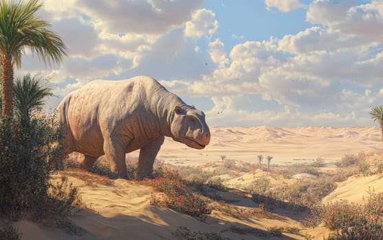 A towering Paraceratherium lowers its massive head to drink from the tranquil, reflection-filled waterhole in the desert oasis, its weathered, armored form a striking contrast against the peaceful.