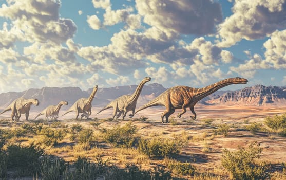 A Plateosaurus dinosaur emerges from the sparse desert underbrush, its bulky frame and reptilian features casting an imposing silhouette against the cloud-dotted sky.