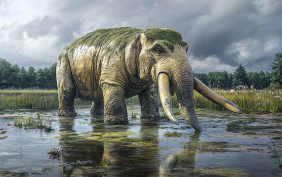 A Platybelodon individual lowers its massive, shovel-like lower jaw to drink from the serene, mirror-like surface of forest watering hole, its wrinkled skin and imposing presence commanding attention.