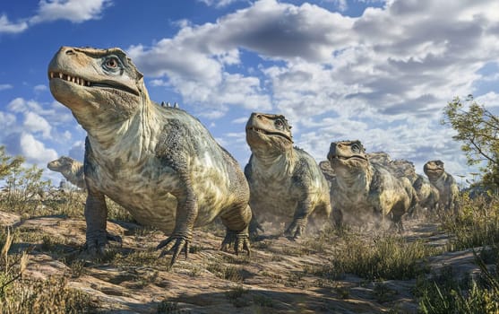 A Psittacosaurus dinosaur grazes peacefully in a field of vibrant, golden grasses, its distinctive beak and horns well-suited for navigating and feeding on the diverse vegetation.