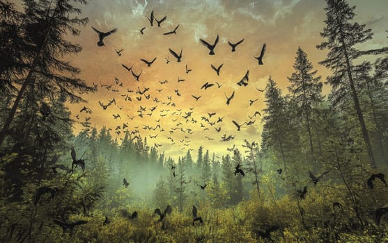 Flock of birds soaring over a lush forest bathed in golden morning light, symbolizing hope and new beginnings.