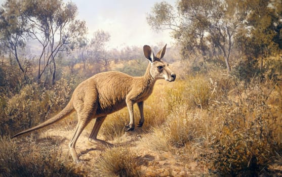 A Procoptodon kangaroo stands alert atop a rocky outcrop, its keen gaze scanning the expansive, sun-drenched savanna for any potential sources of food or signs of danger in the ancient, untamed realm.