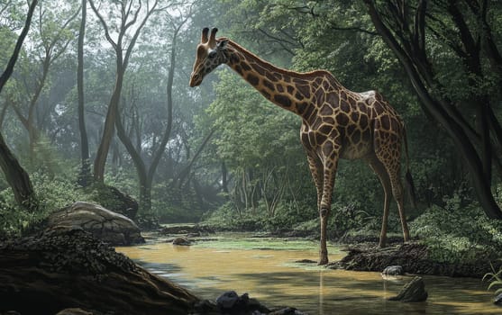 A Sivatherium cautiously approaches the still, reflection-filled waters of a serene forest pond, its powerful frame and distinctive features mirrored in the calm, glassy surface.