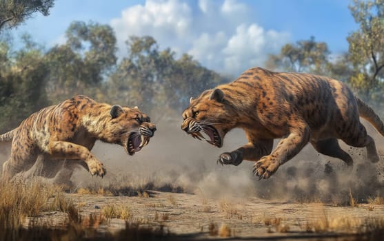 A Smilodon crouches low, its eyes intently focused as it prepares to launch itself at an unsuspecting prey, its massive jaws and deadly claws primed for the attack.